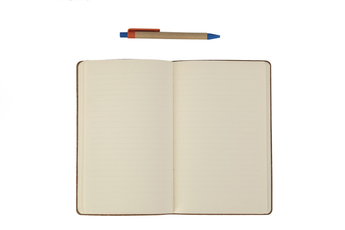 An open notebook with lined pages and a ballpoint pen above it