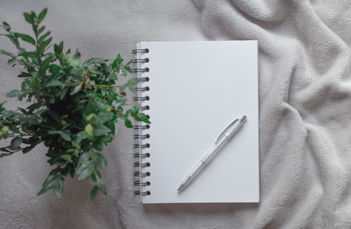 A white pen resting on an open white spiral notebook, ready for a morning entry