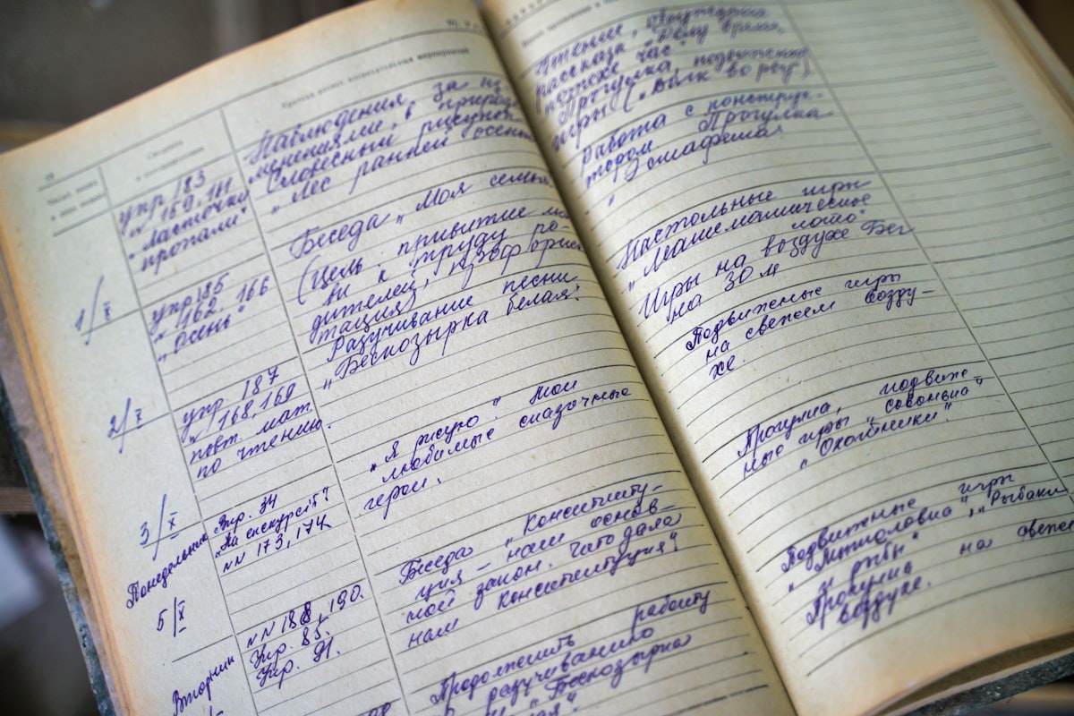 An open notebook with a horizontal line drawn across the page and short notes marked along it